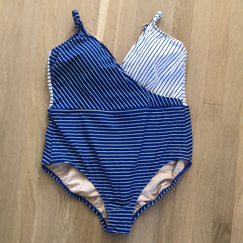 Blue and white striped bathing suit